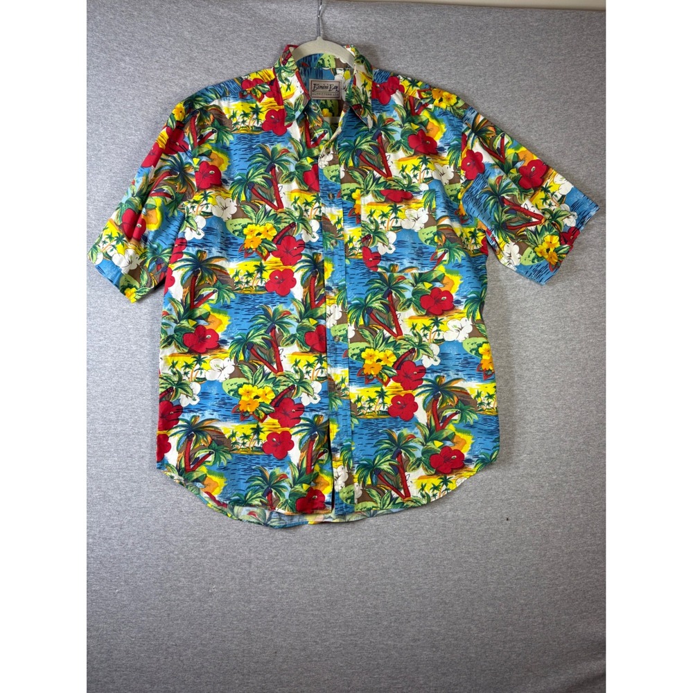 Bimini Bay Outfitters Mens Large Tropical Aloha Shirt Cotton Palm Tree Hibiscus